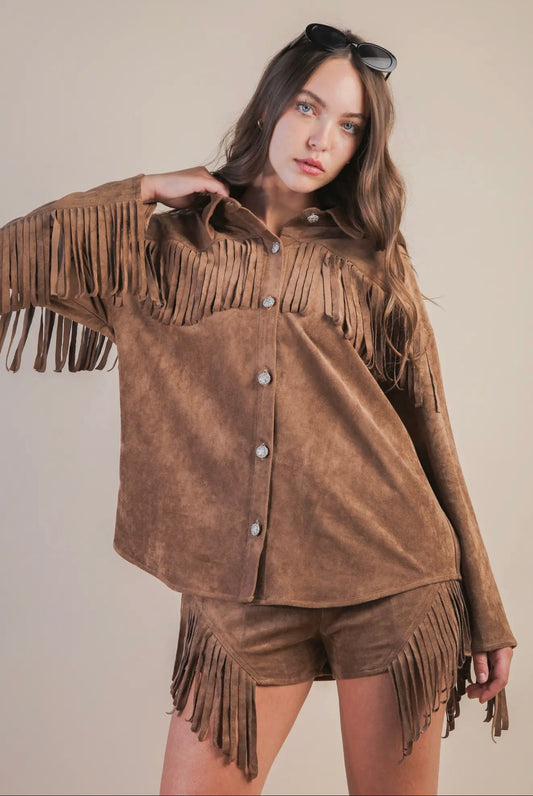 NJ90387 Suede Fringe Detail Western Jacket Shacket