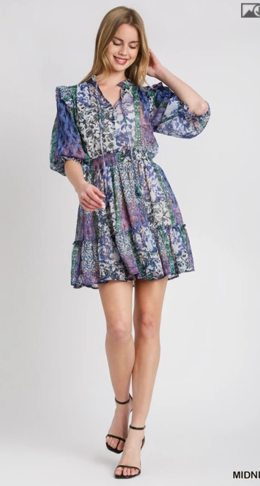 R0832 Mixed Print Ruffle Neckline with Front Tie Dress with Elastic Smocked Waistband