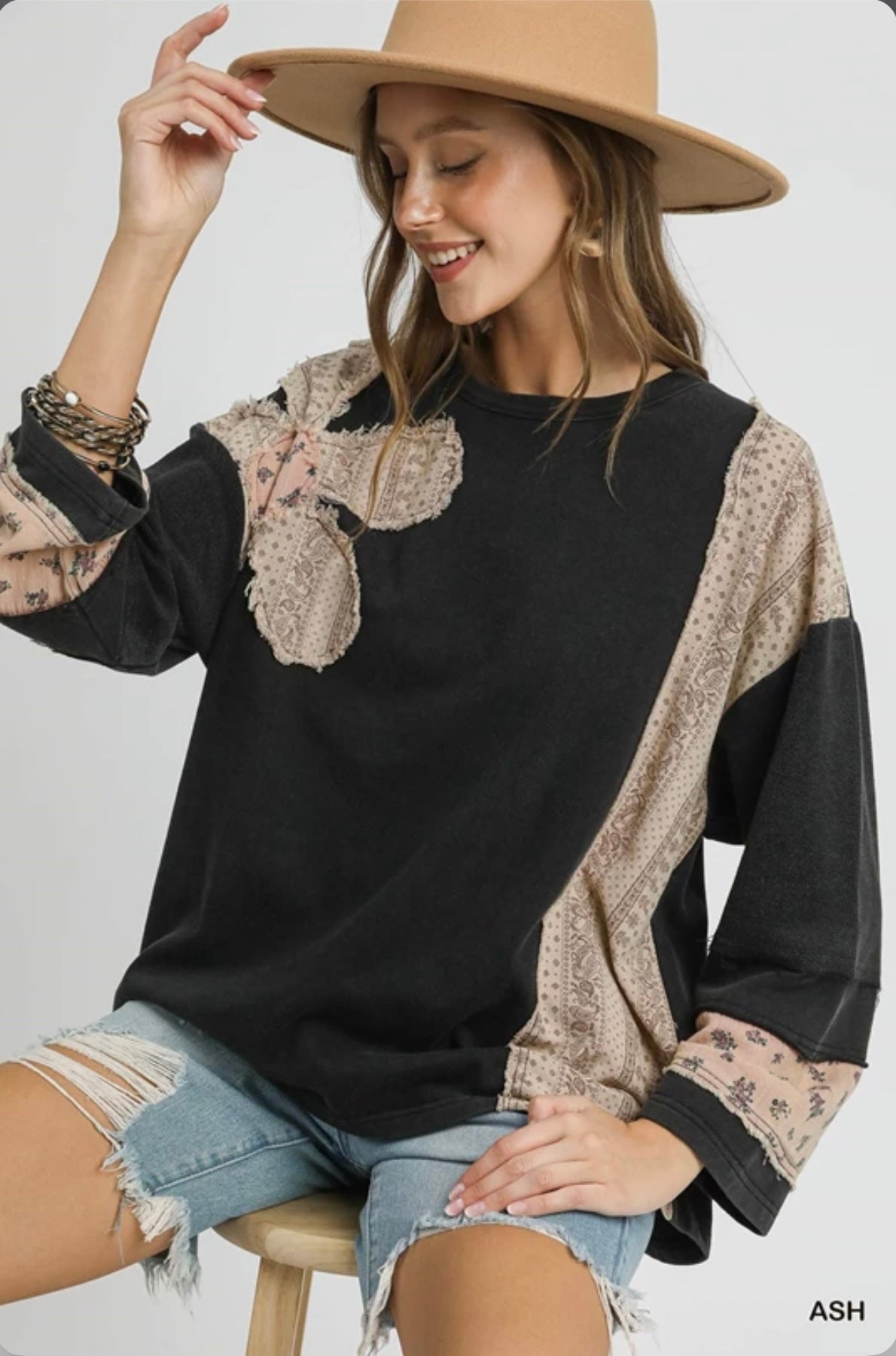 K0764  French Terry Patchwork Sleeve Pullover