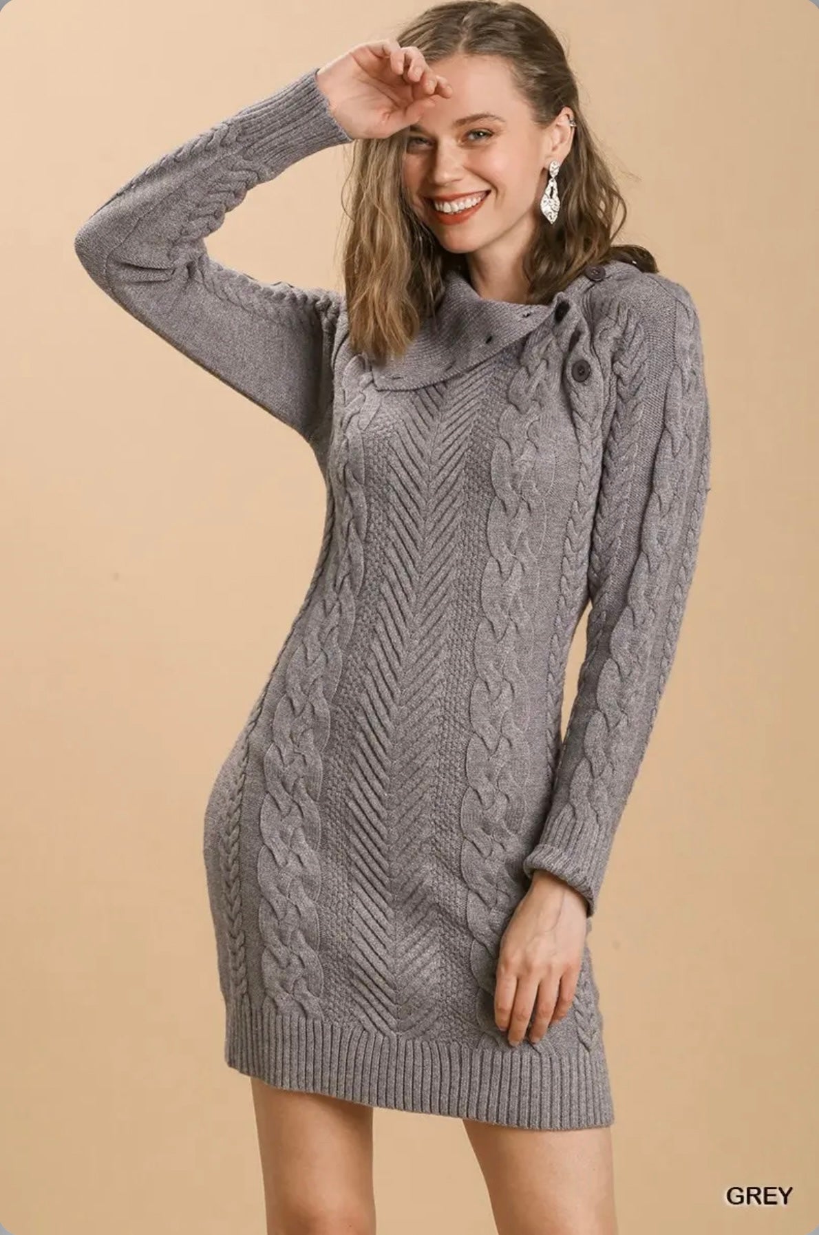 A0366 Cable Knit Sweater Dress with Adjustable Turtle Neck
