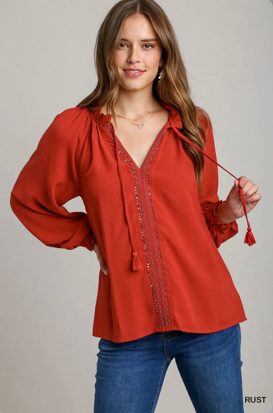 B8336 Beaded Blouse with Ruffle Neck & Tie