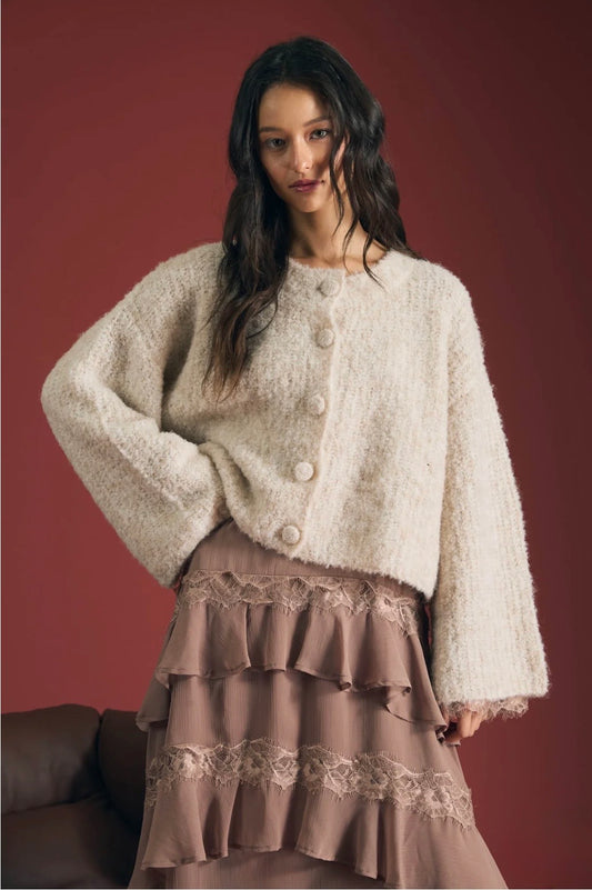 B6FJ1007 FUZZY KNIT BUTTON DOWN BOXY CARDIGAN SWEATER