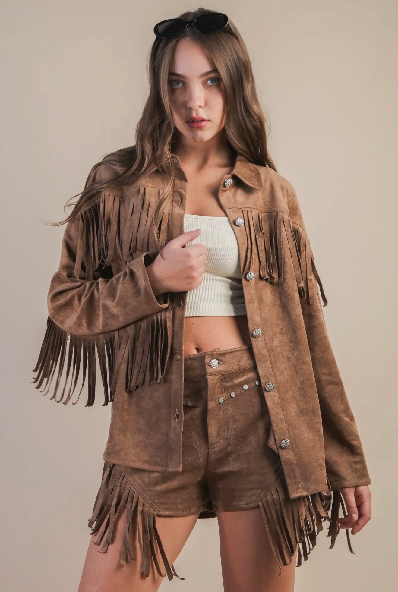 NJ90387 Suede Fringe Detail Western Jacket Shacket