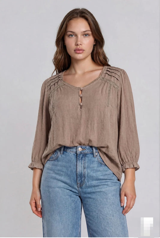 PTB9343 PLUS CROCHET TRIM V-NECK 3/4 SLEEVE HENLEY TOP