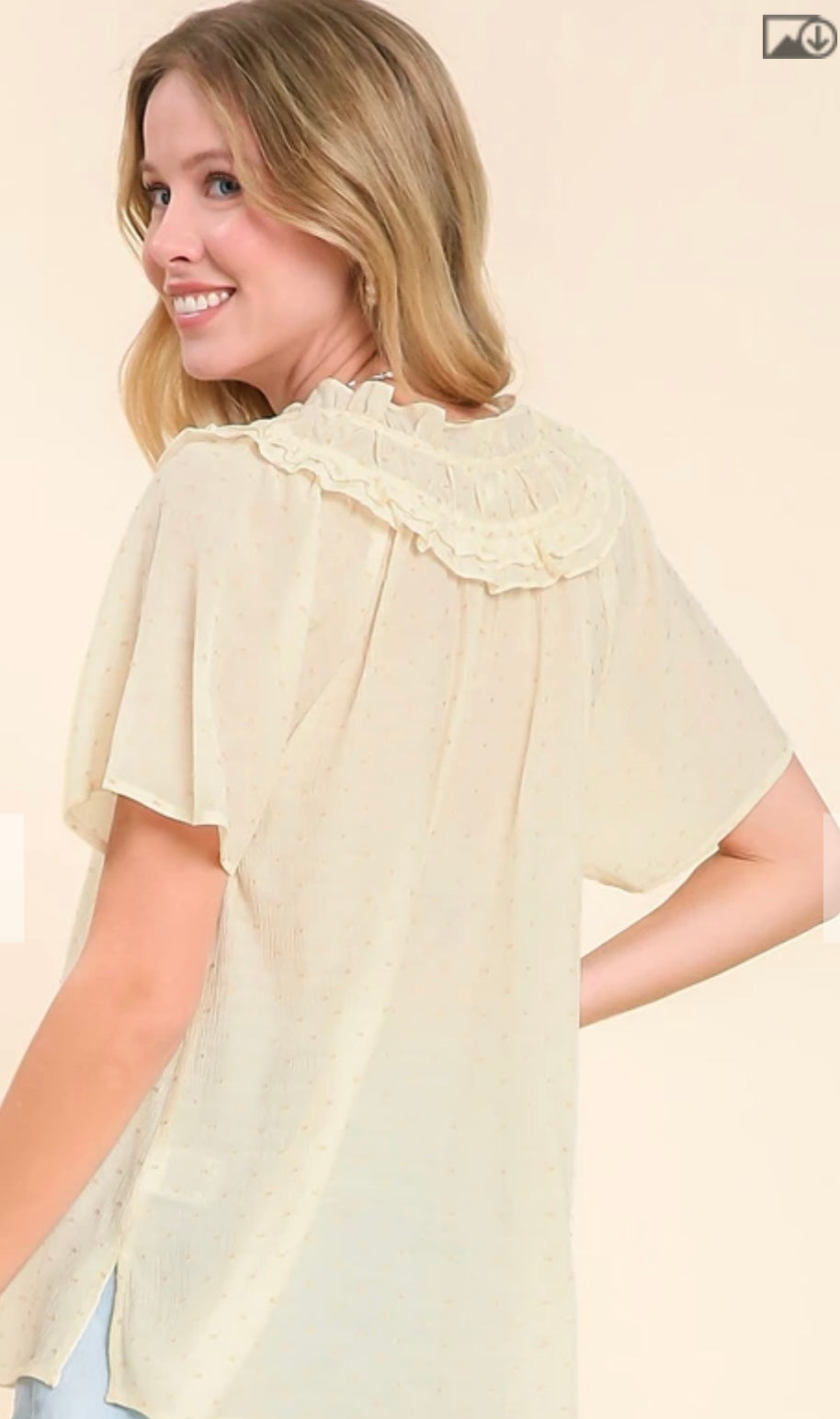 R0018 Dot Embroidered Blouse with Ruched Neckline and Neck Tie Detail
