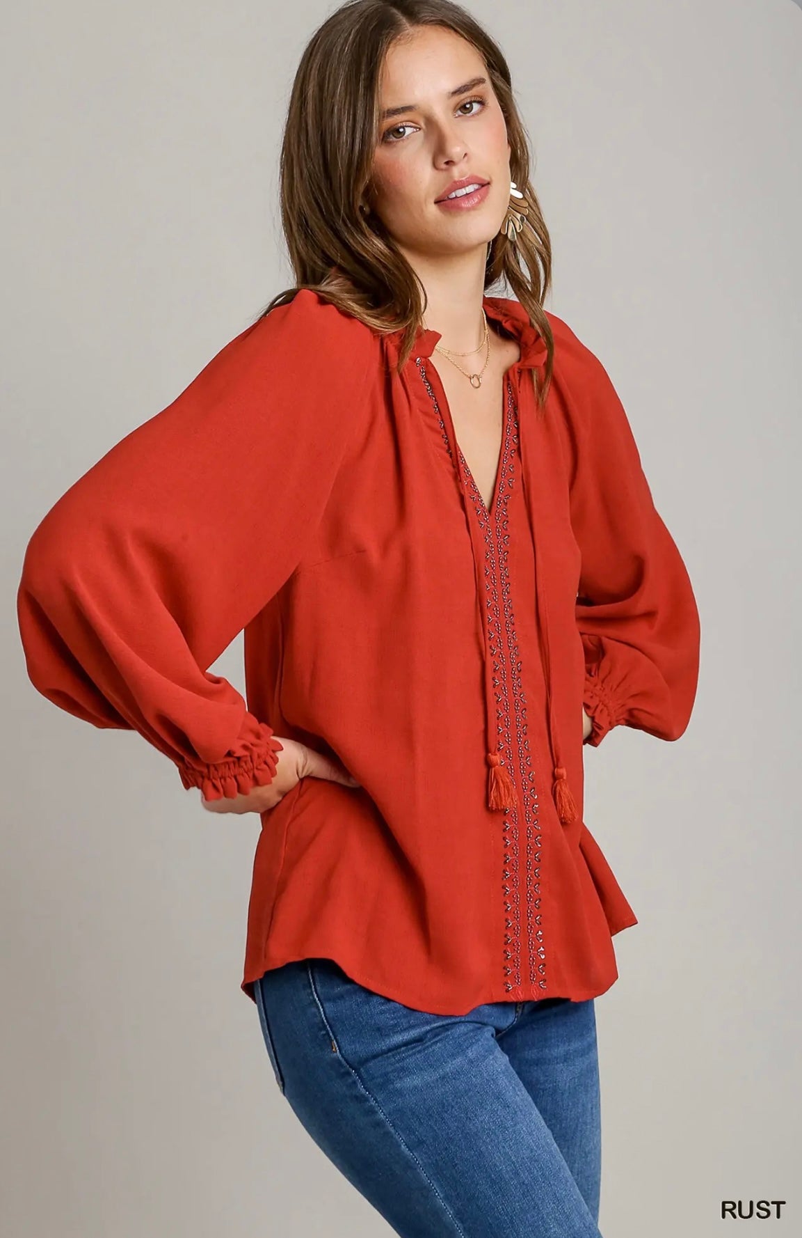 B8336 Beaded Blouse with Ruffle Neck & Tie