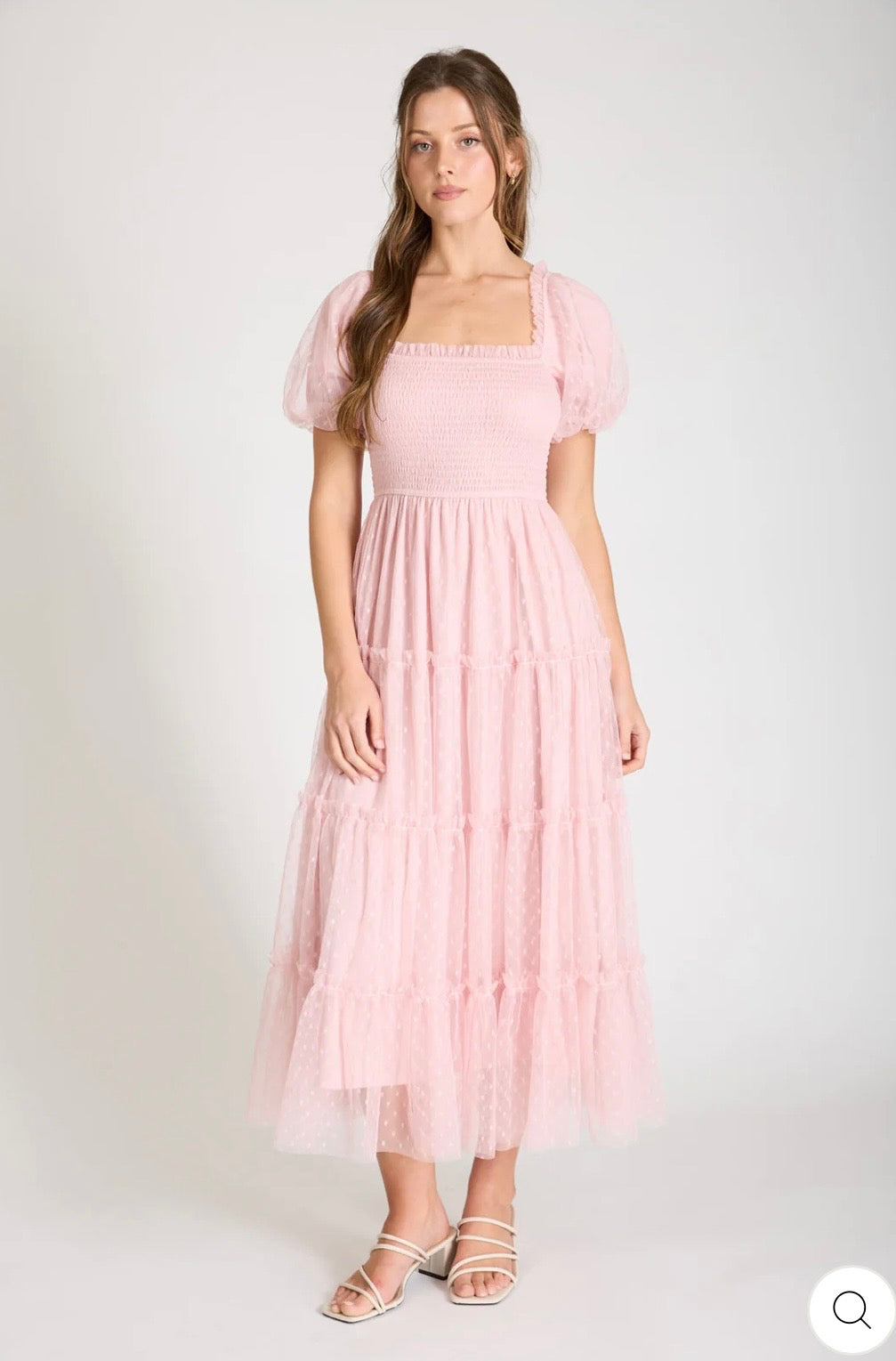 CR2739 POLKA DOT TULLE PUFF SLEEVE SMOCKED TIERED MIDI DRESS