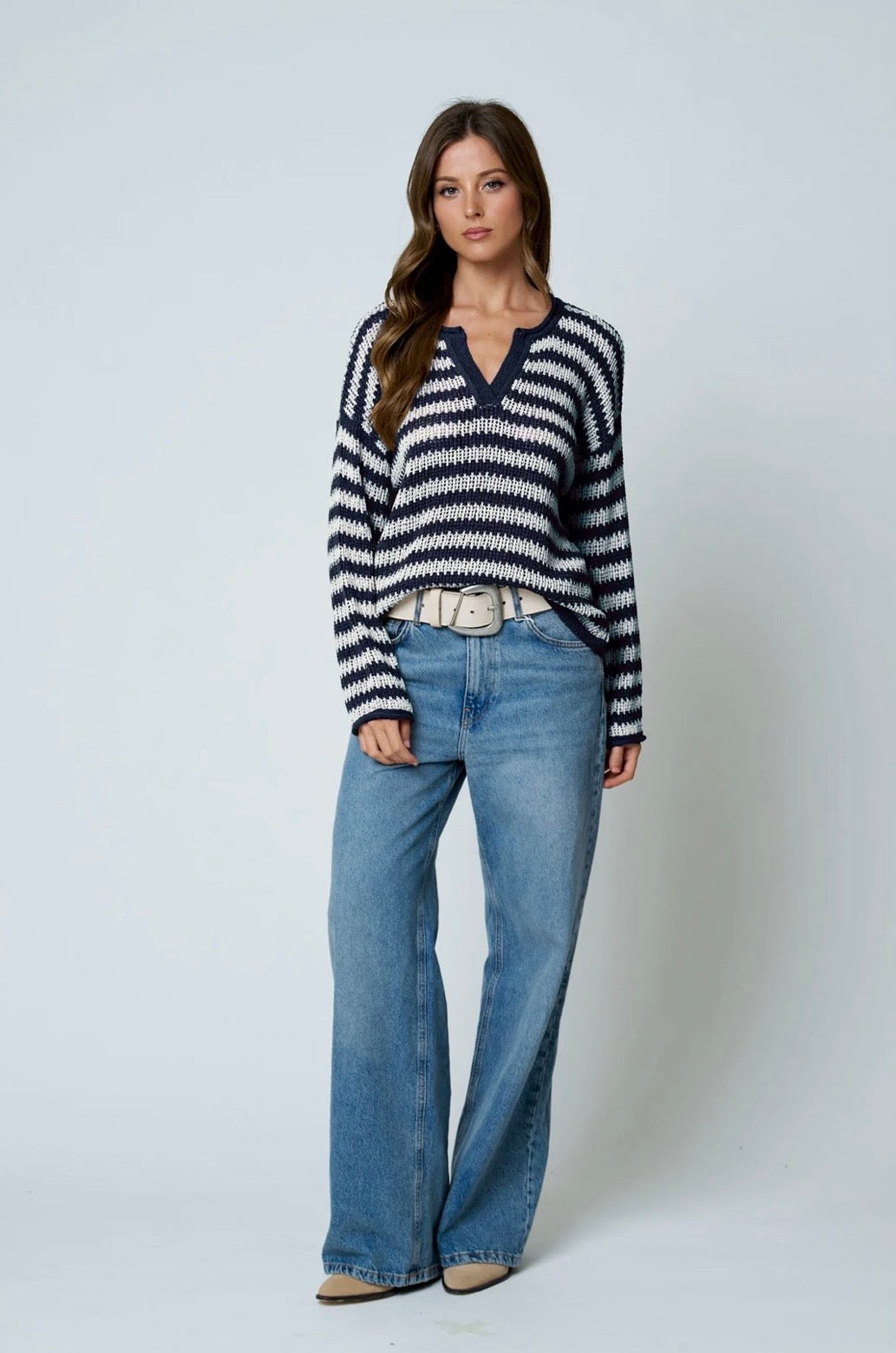 B6FT1030B STRIPE RAW EDGE SPLIT NECK SHEER KNIT SWEATER