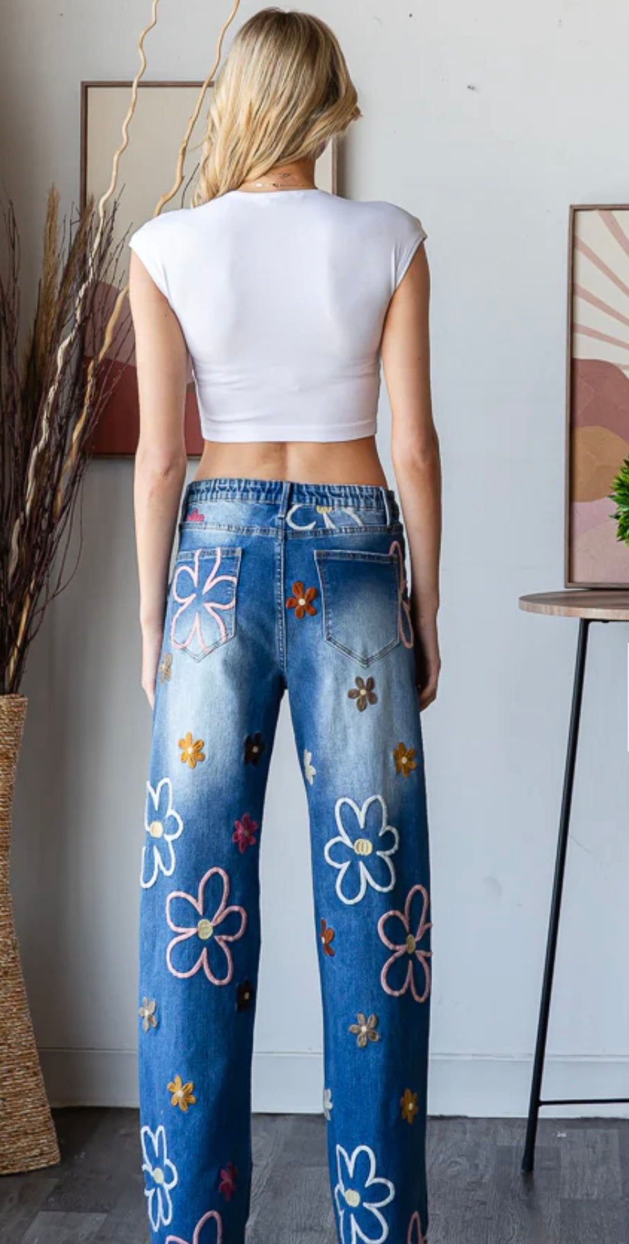 JP0688 MULTICOLOR FLOWER EMBROIDERED WASHED DENIM JEANS