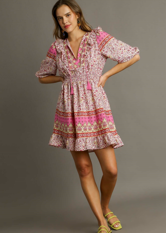 C3743 V-Neck Border Print Dress with Elastic Waist, Tassel Front Tie, & Short Balloon Sleeves
