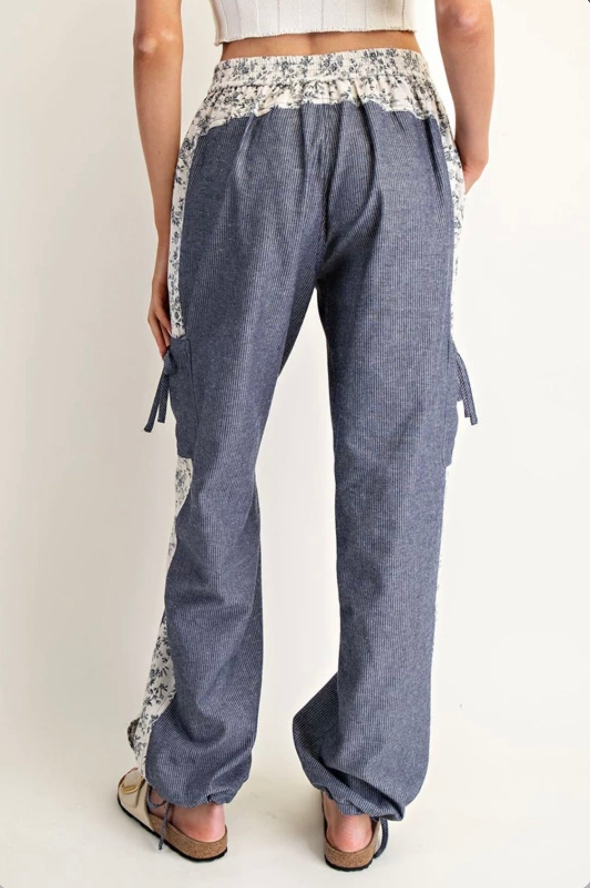 PH15041 Soft Washed Floral Striped Color Block Pants