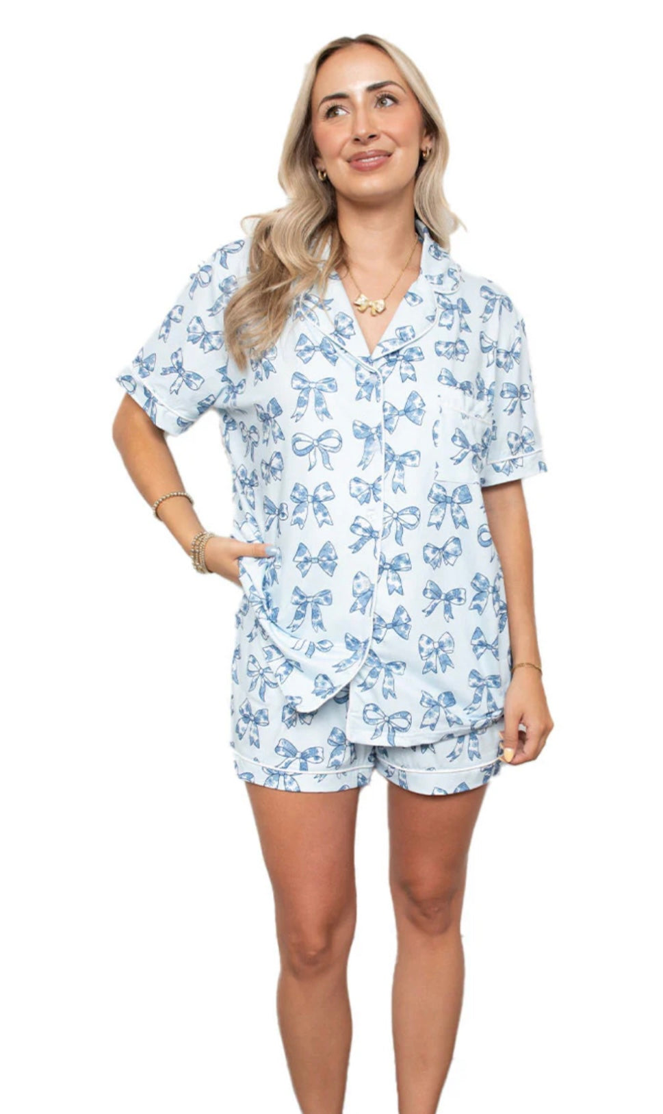 LIGHT BLUE TOILE COQUETTE BOWS WHOLESALE COTTON PJ SET