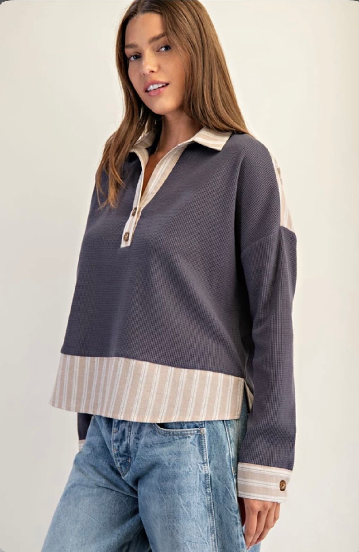 TK14113 Striped Contrast Trim Waffle Knit Collared Top