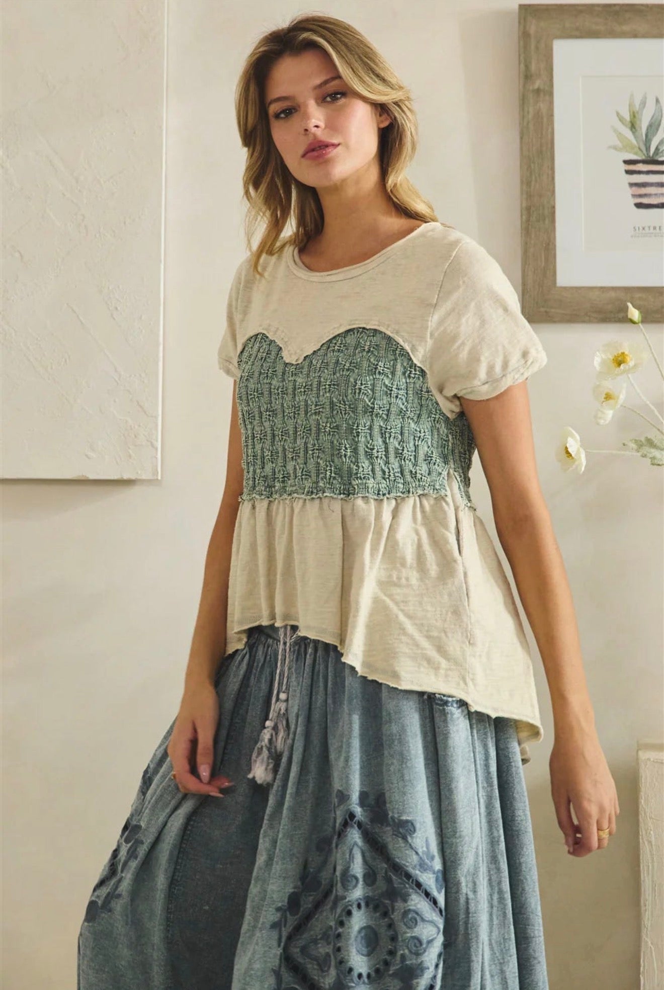JT0979 Washed Smocked Peplum Top