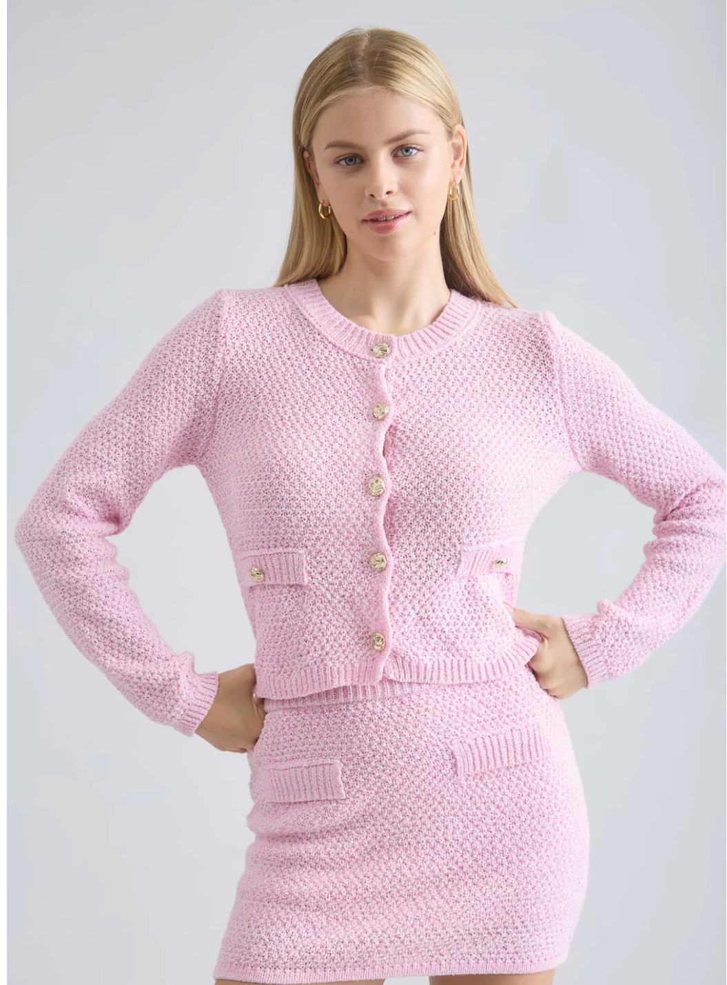 TWS1172 MARLED GOLD BUTTON ROUND NECK KNIT CARDIGAN