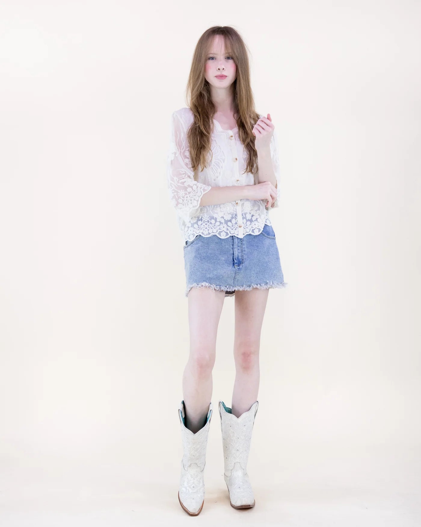 FT85846 Bella Bloom Sheer Lace Blouse-White