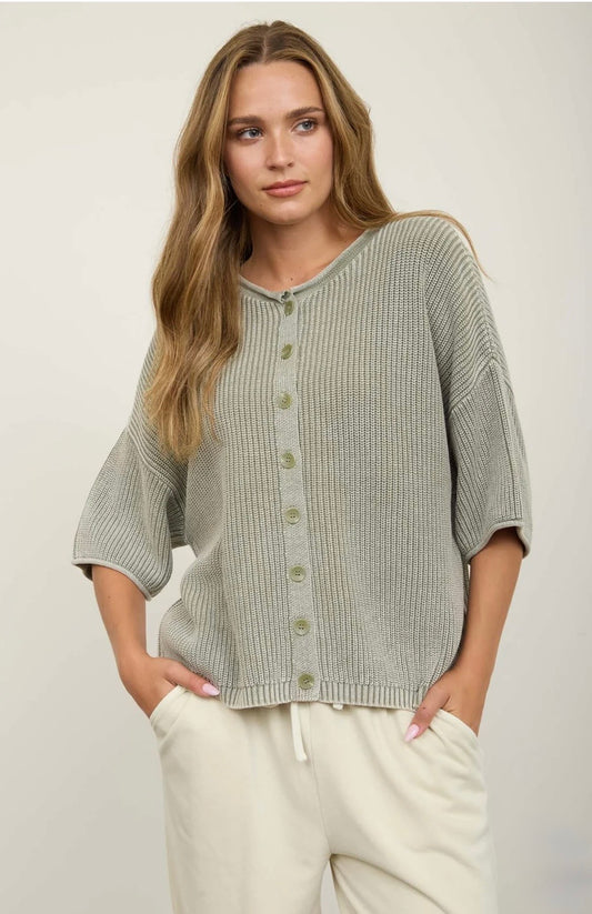 J6FT1028 WASHED RIBBED SHORT SLEEVE ROLLED EDGE CARDIGAN