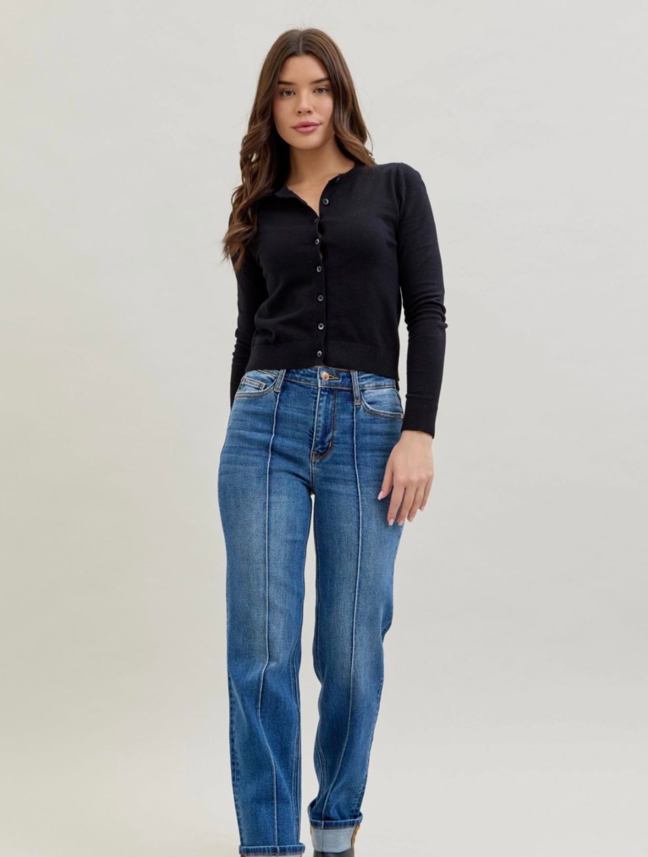 82571REG Judy Blue Jeans HW Front Seam Detail & Cuffed Straight