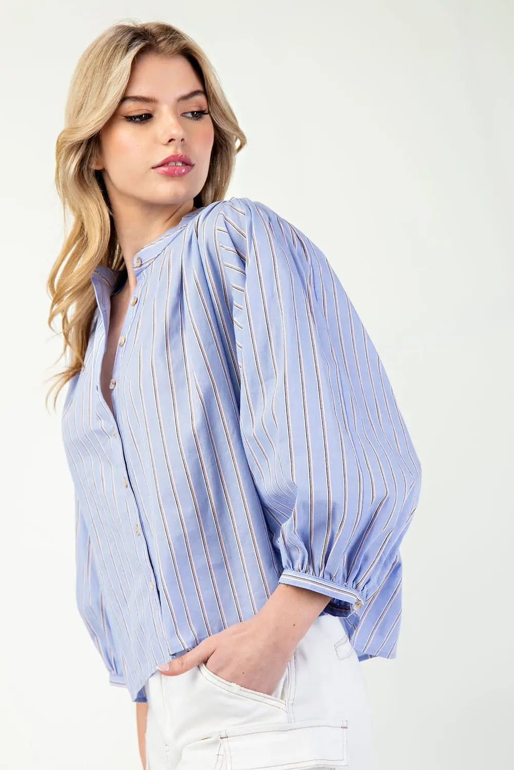 K11562 Striped 3/4 Sleeve Button Down Shirt