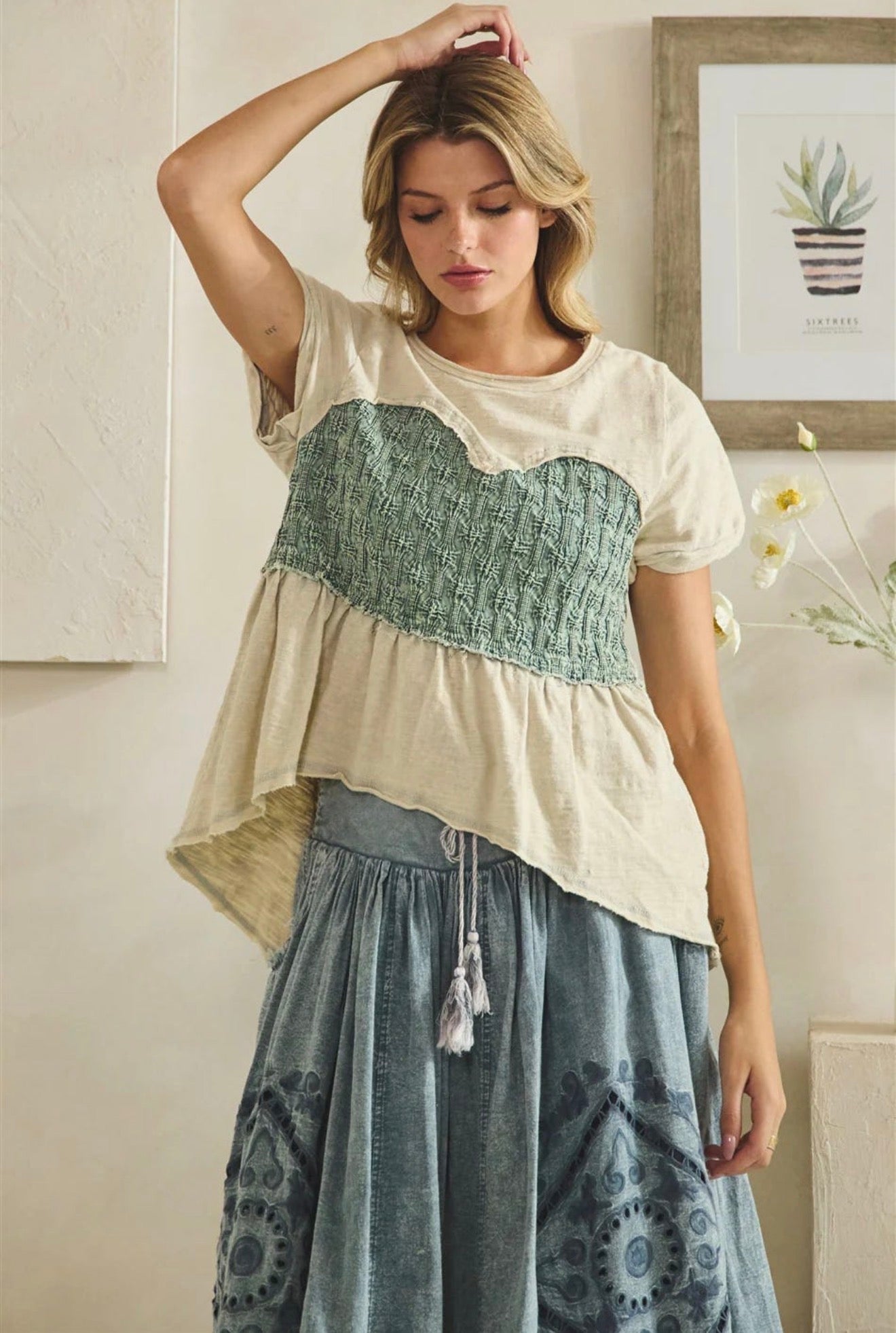 JT0979 Washed Smocked Peplum Top