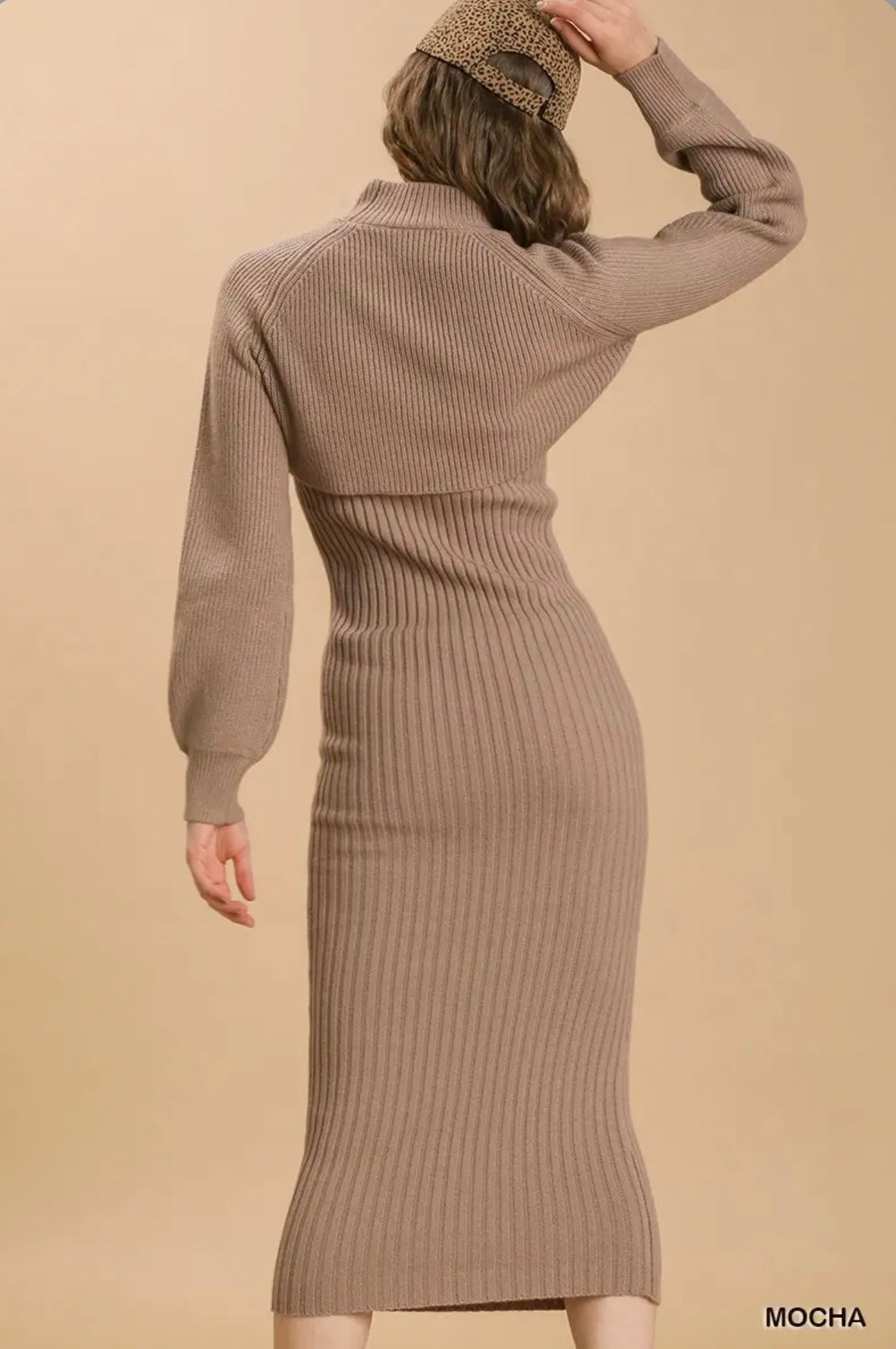 A0343 Knit V-Neck Maxi Dress with Cropped Pullover Sweater