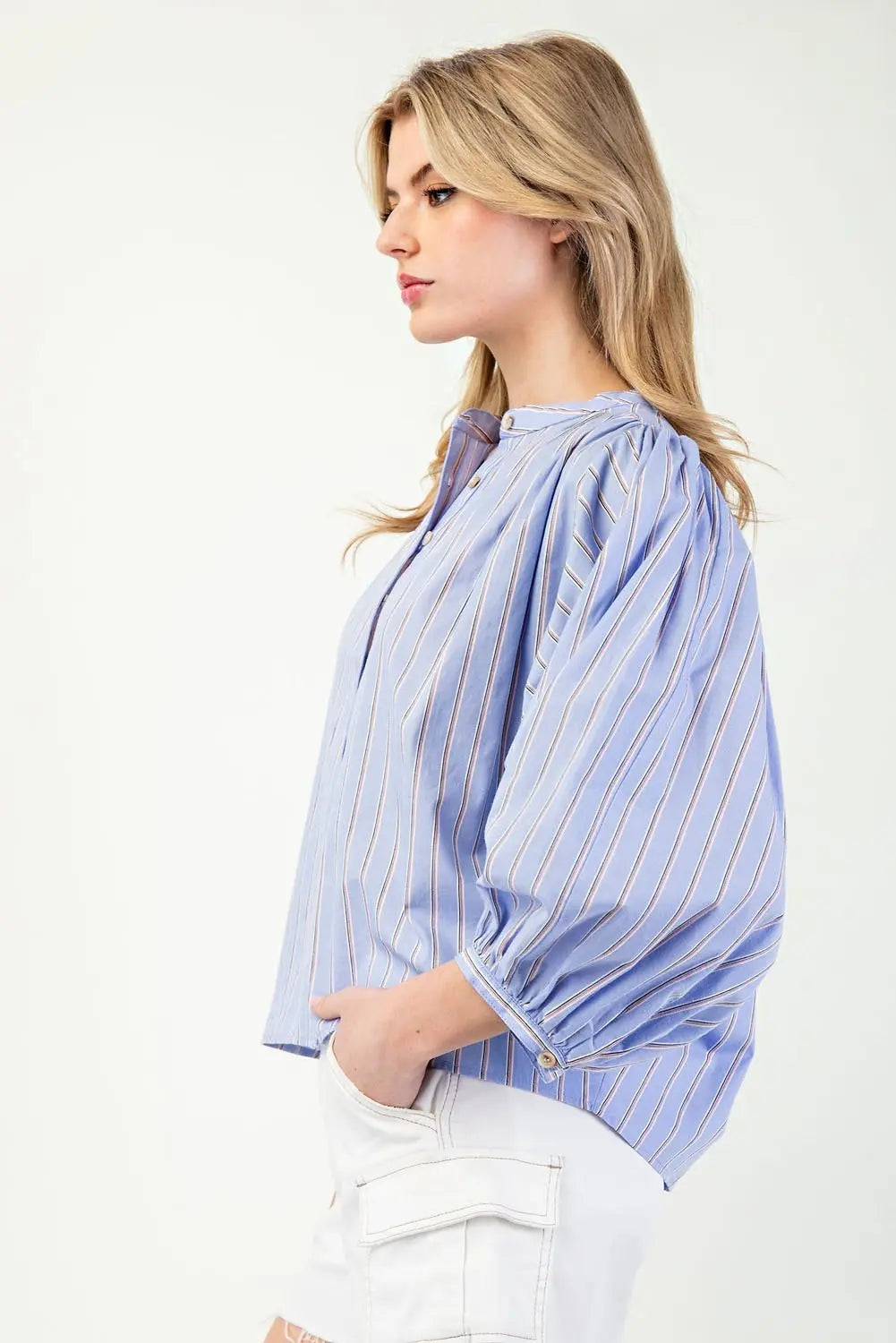 K11562 Striped 3/4 Sleeve Button Down Shirt