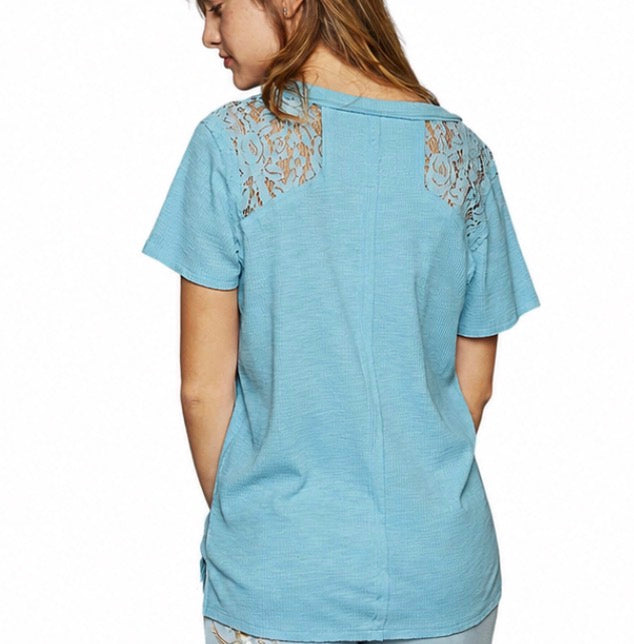 YKT1104 Short Sleeve Ribbed V-neck with Lace Inserts.