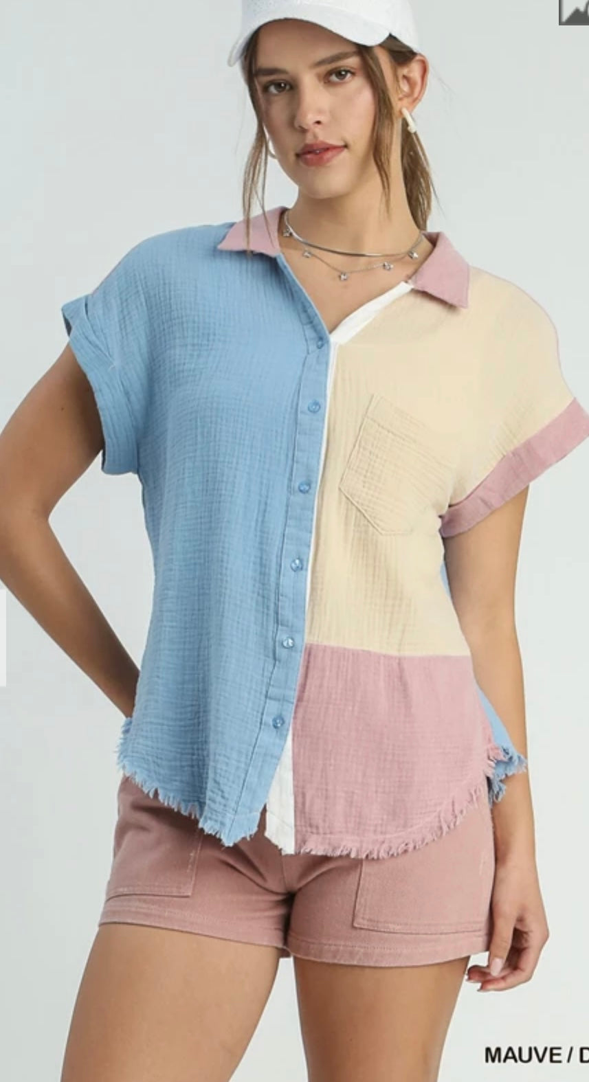 A0190 Color Block Gauze Button Up Short Folded Sleeve Top with Chest Pocket and Frayed Hemline