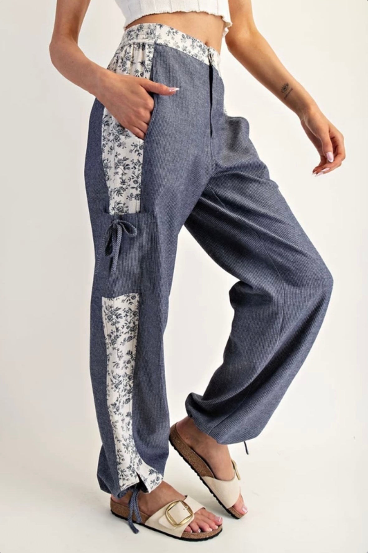 PH15041 Soft Washed Floral Striped Color Block Pants