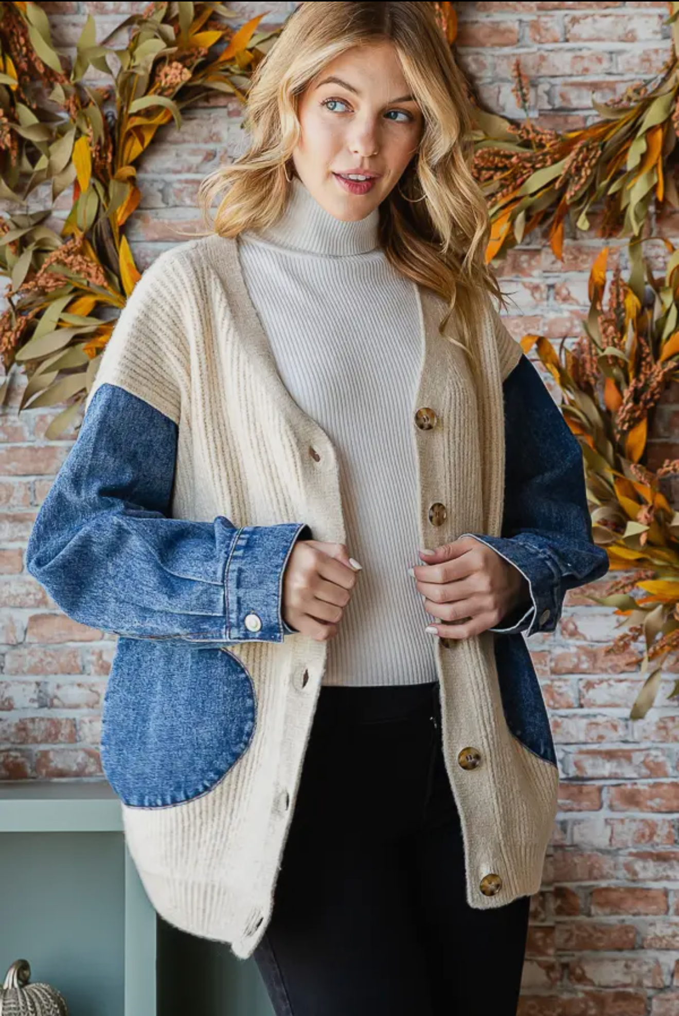 T5220 Knit Denim Contrast Heart Shaped Button Down Cardigan