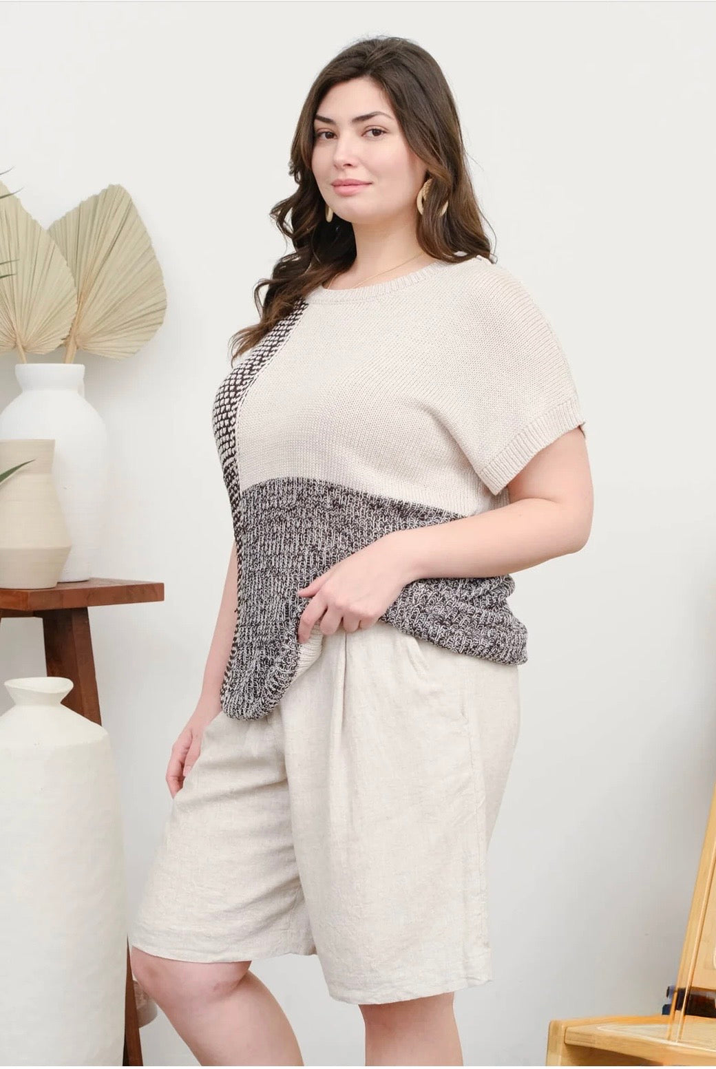 PB5ST1047 PLUS MULTI PATTERN COLORBLOCK SHORT SLEEVE SWEATER