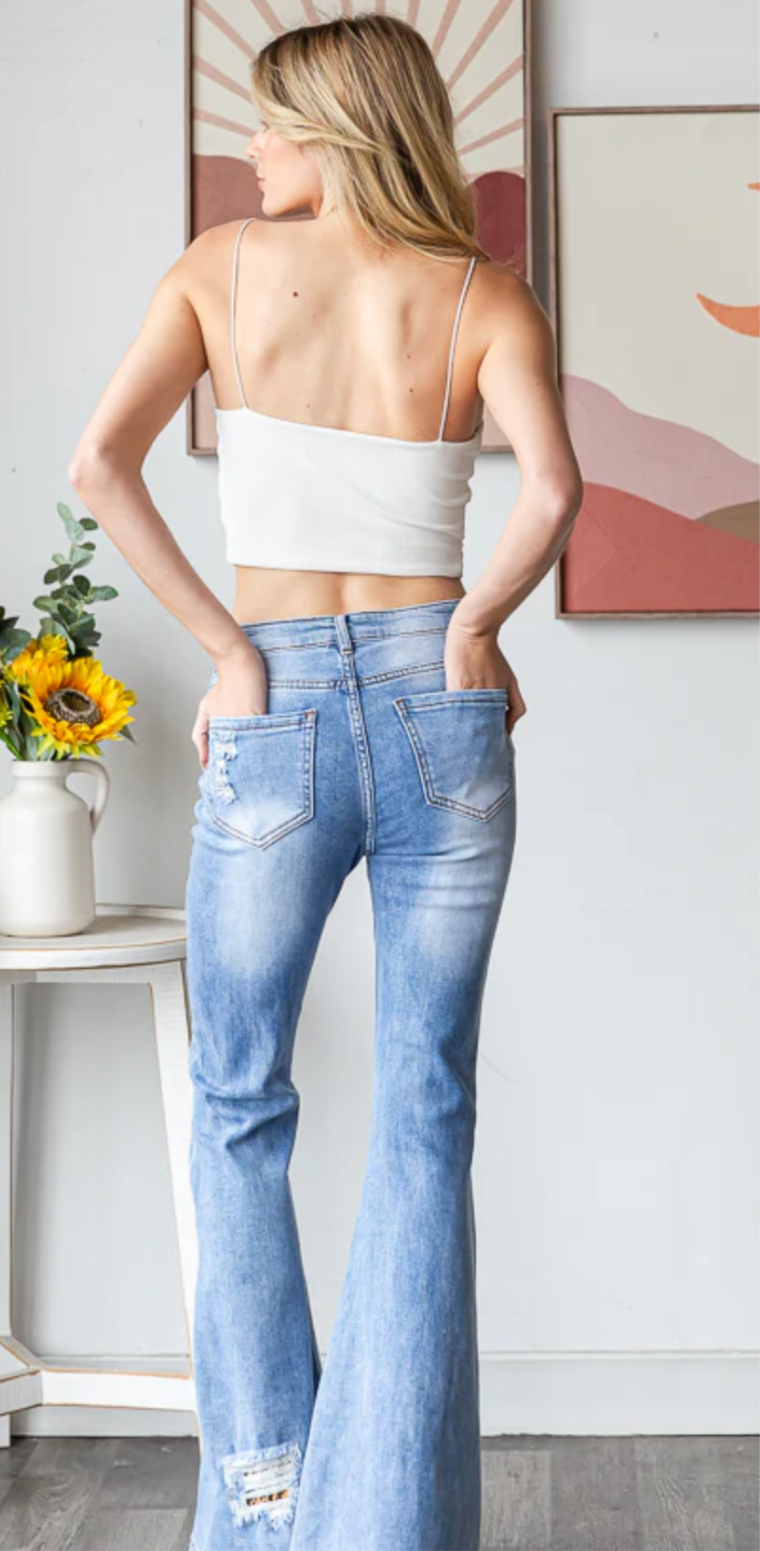 BP1142 | STUD DETAIL DISTRESSED STRECHY FLARE DENIM JEANS