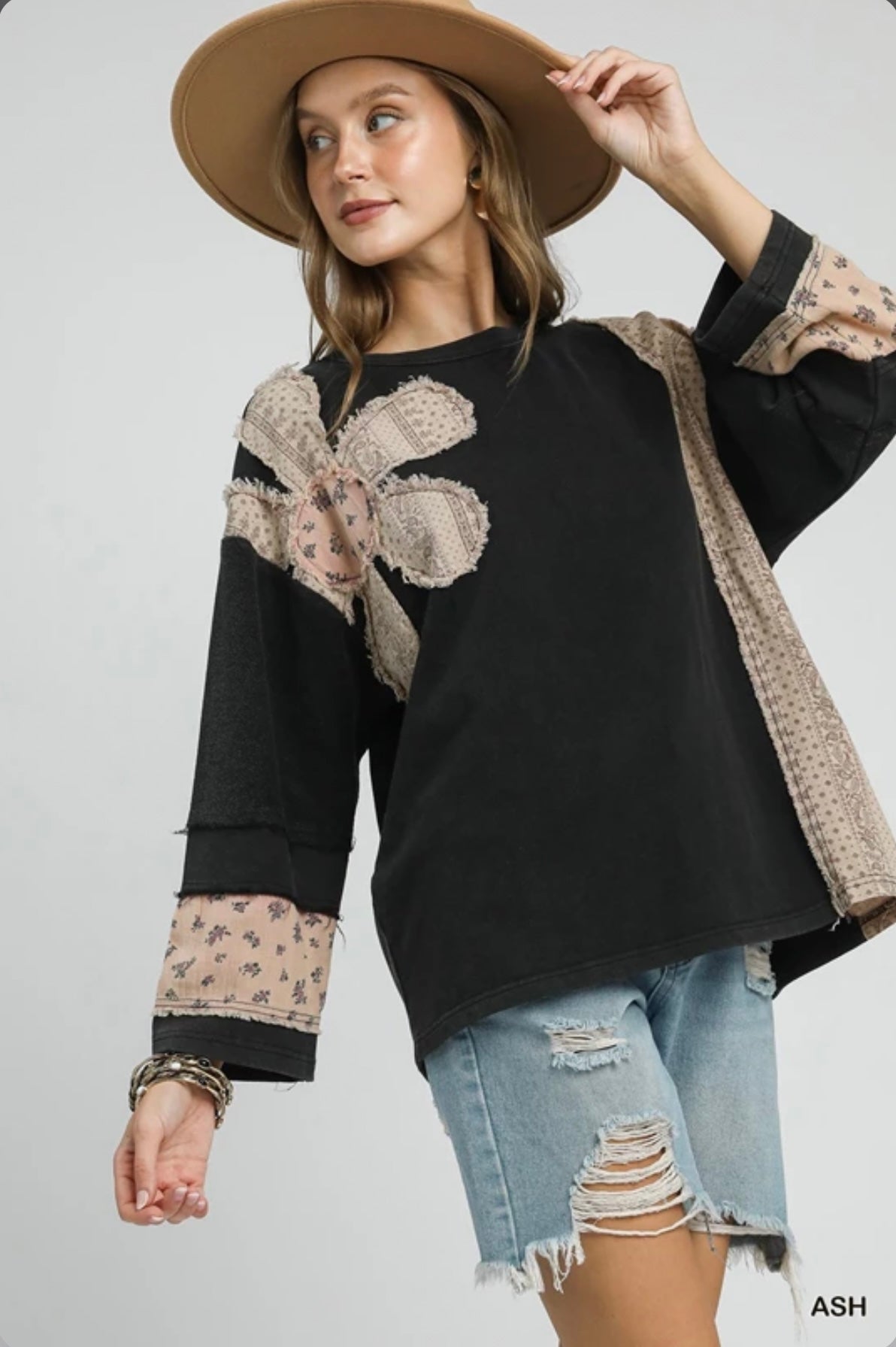 K0764  French Terry Patchwork Sleeve Pullover