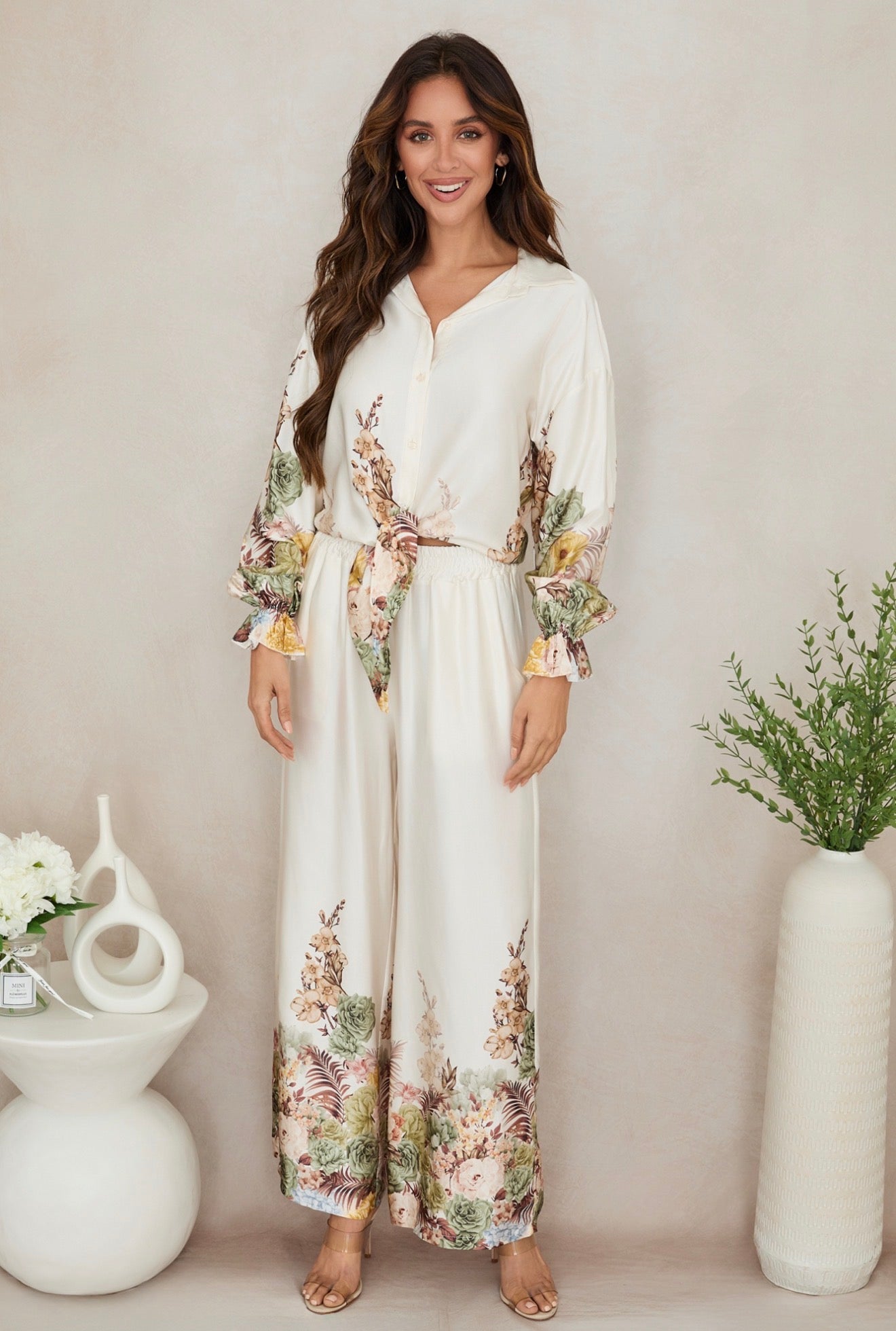 77008V007 Floral Silky Wide Leg Pants 77019