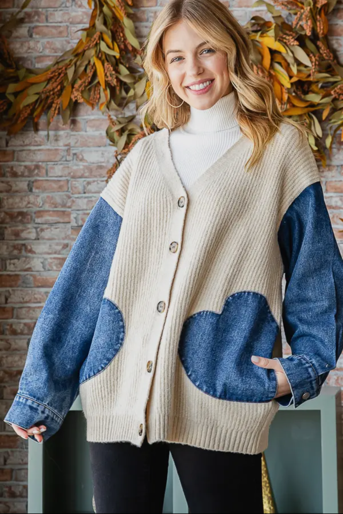 T5220 Knit Denim Contrast Heart Shaped Button Down Cardigan