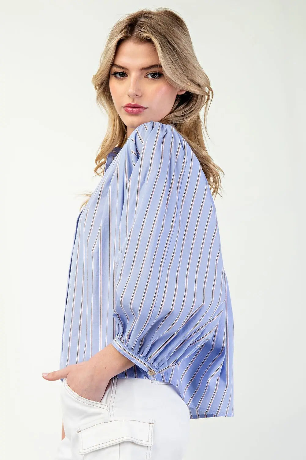 K11562 Striped 3/4 Sleeve Button Down Shirt