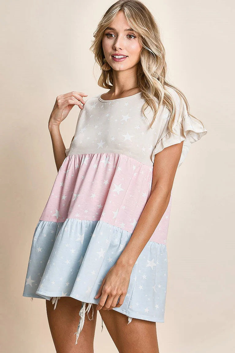 BT2373 Star Printed French Terry Color Block Tiered Top