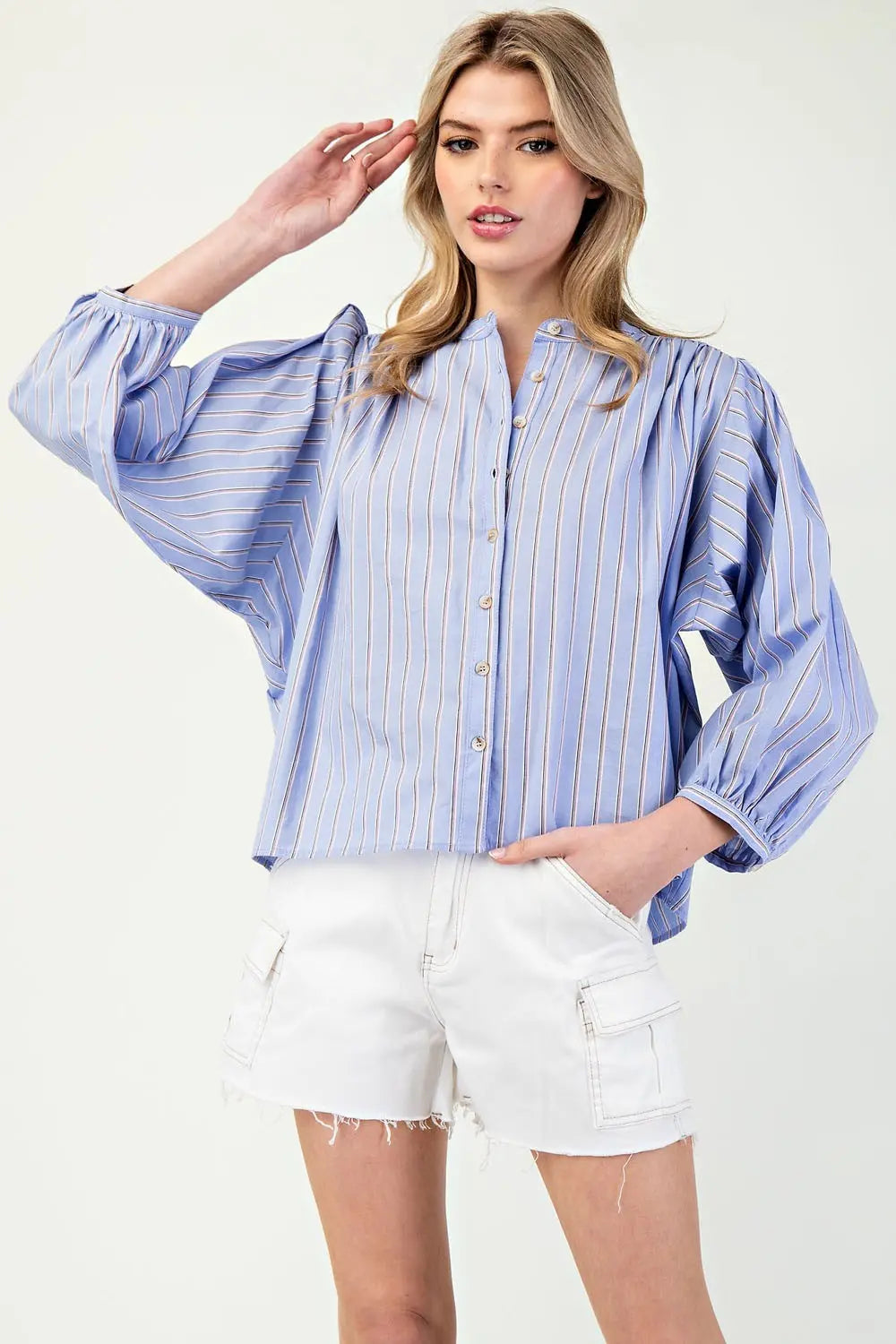 K11562 Striped 3/4 Sleeve Button Down Shirt