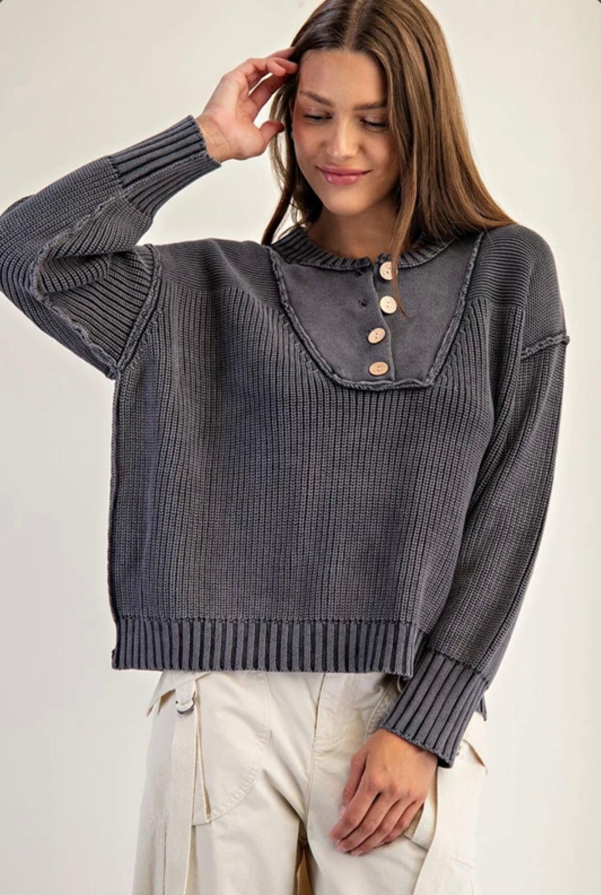 SK14167 
Half Button Front Long Sleeve Knit Pullover