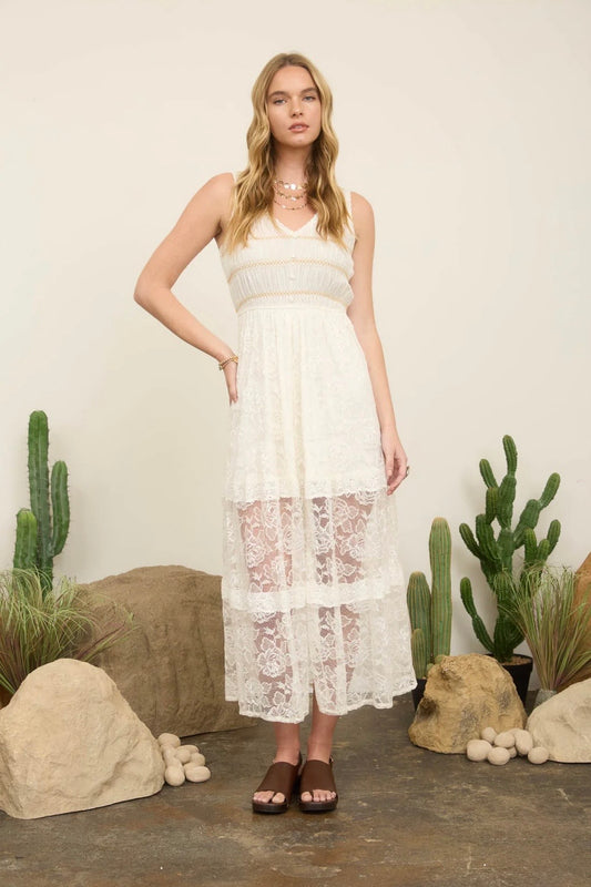 B6SD1006 LACE SLEEVELESS SHIRRED MOCK BUTTON MAXI DRESS