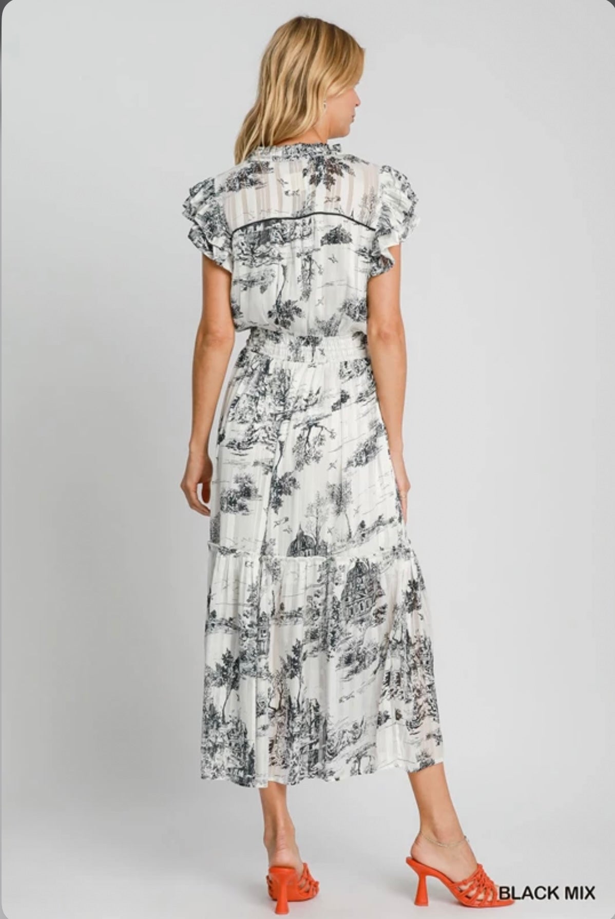 K9274 Two Tone Landscape Print Midi Dress