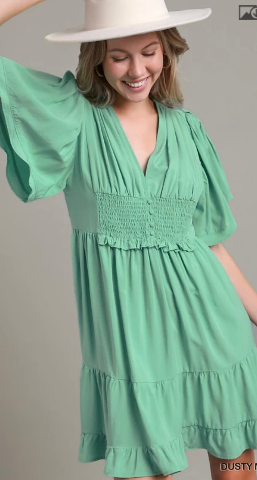 R0274 Short-sleeved Tiered Dress featuring a Deep V-Neck and Smocked Waist.