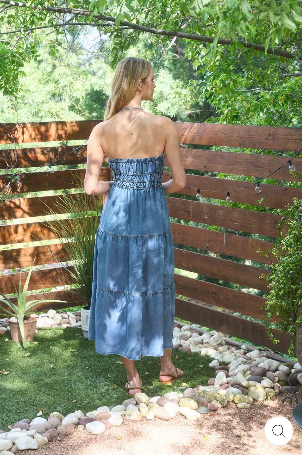 B6SX1051 Strapless Shirred Tiered Denim Midi Sundress