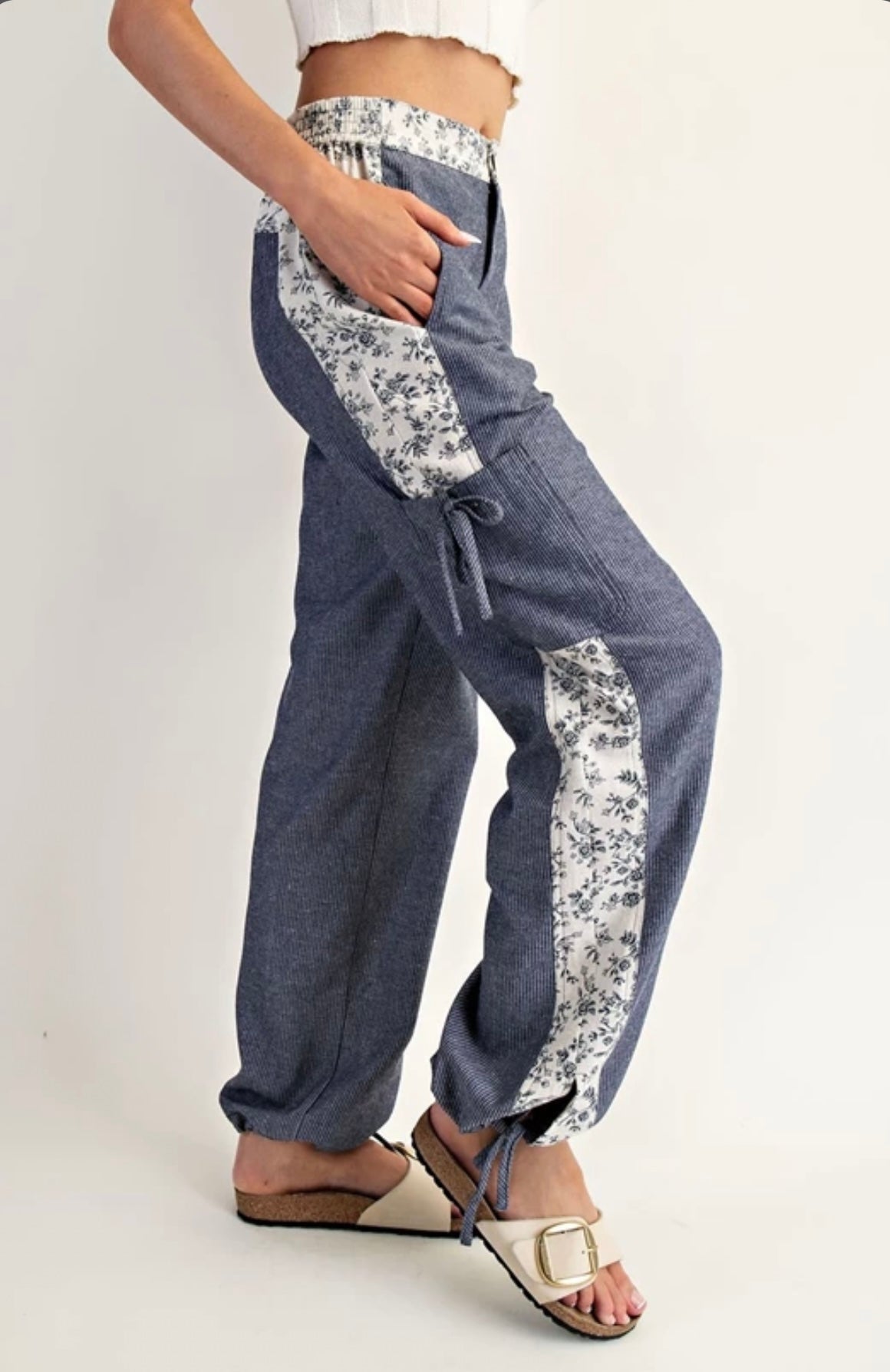 PH15041 Soft Washed Floral Striped Color Block Pants