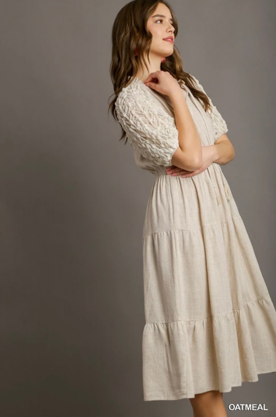 B8501 Linen Split Neck Front Tie Midi Dress