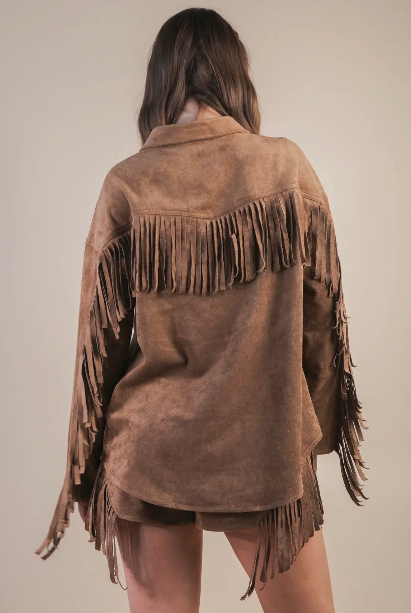 NJ90387 Suede Fringe Detail Western Jacket Shacket