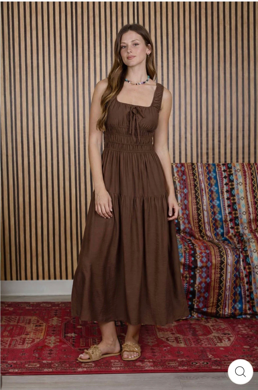 B6SD1099 Satin Front Tie Shirred Waist MIDI Dress