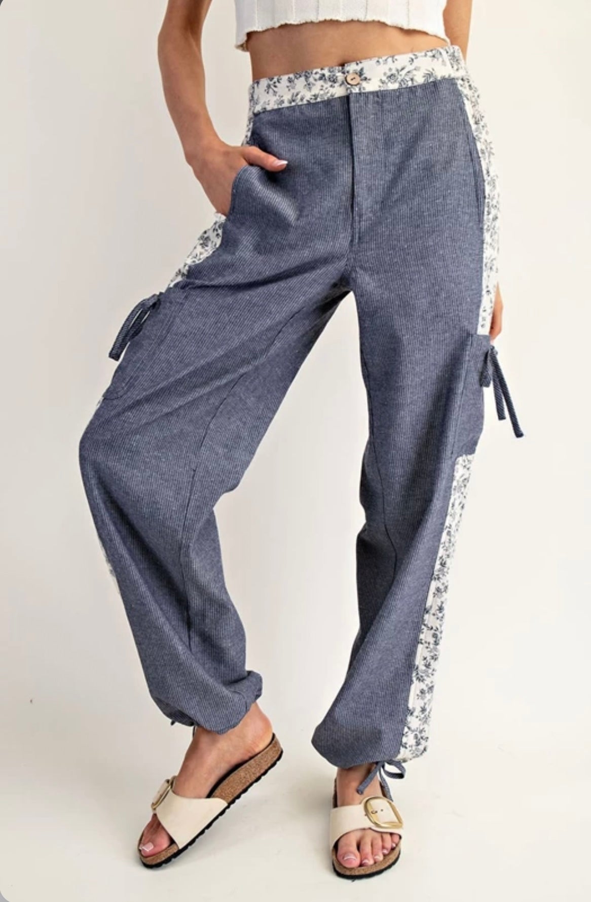 PH15041 Soft Washed Floral Striped Color Block Pants