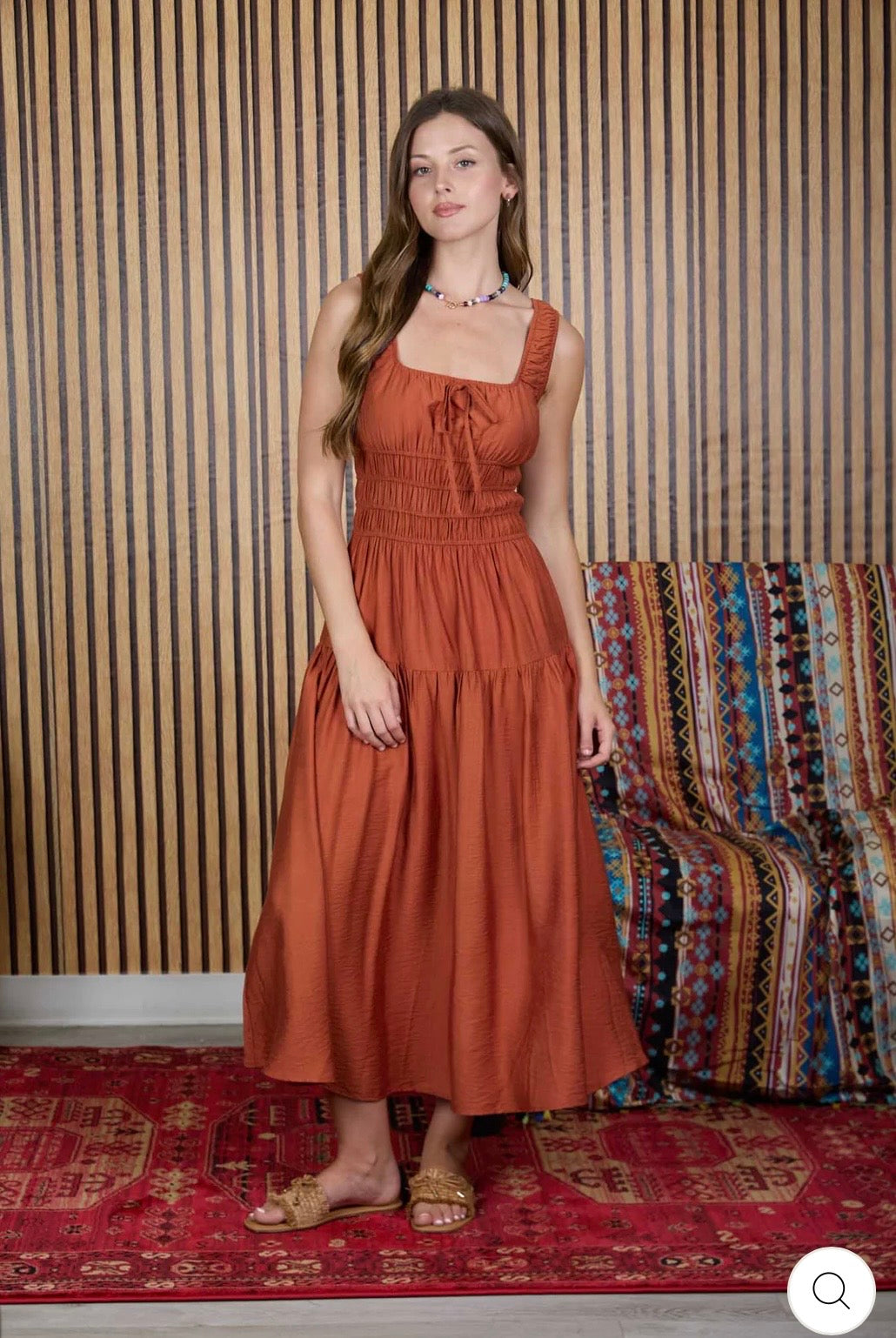 B6SD1099 Satin Front Tie Shirred Waist MIDI Dress