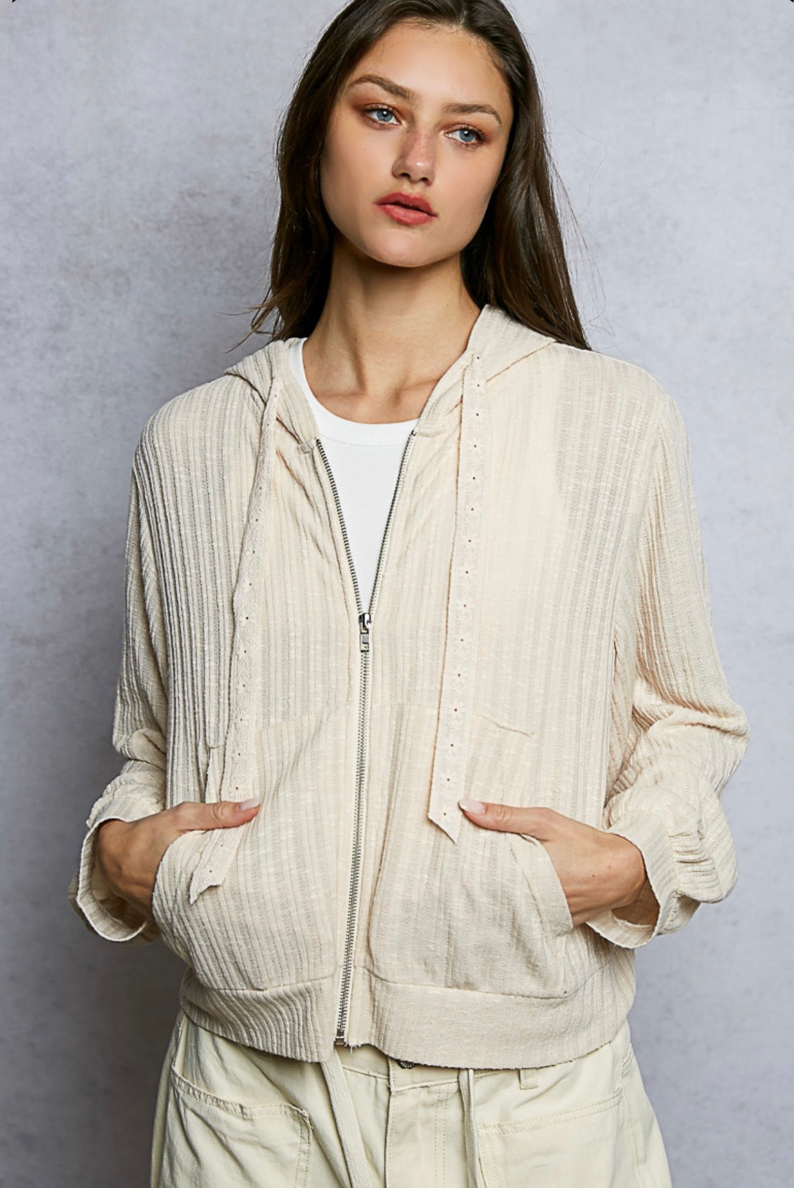 YKT1735A Almond Hooded Zip Up Jacket